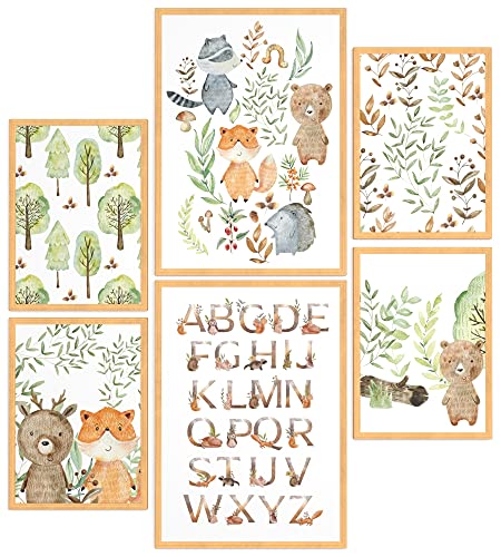 Papierschmiede® Bilder Kinderzimmer Kids Mood Poster Set Pfadfinder Tiere, Gerahmte Bilder fürs Kinderzimmer in Natur-Holzrahmen, 2x DIN A4 und 4x DIN A5, Wald Alphabet Fuchs von Papierschmiede