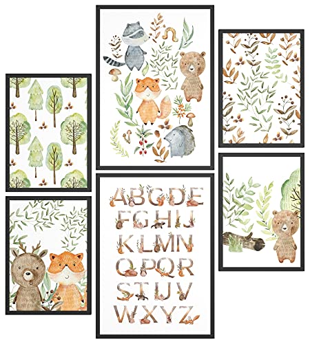 Papierschmiede® Bilder Kinderzimmer Kids Mood Poster Set Pfadfinder Tiere, Gerahmte Bilder fürs Kinderzimmer in schwarzen Holzrahmen, 2x DIN A4 und 4x DIN A5, Wald Alphabet Fuchs von Papierschmiede