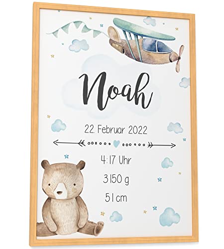 Papierschmiede® Geburtsbild, Name & Geburtsdaten personalisiert, DIN A3 im Rahmen aus Echtholz (Natur), Geburtsposter, Geburtsanzeige, Baby Geschenk Poster Geburt - Verspielt Blau Jungen von Papierschmiede