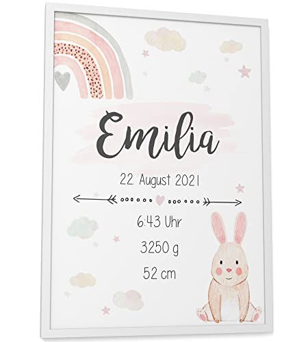 Papierschmiede® Geburtsbild, Name & Geburtsdaten personalisiert, DIN A3 im Rahmen aus Echtholz (weiß), Geburtsposter, Geburtsanzeige, Baby Geschenk Poster Geburt - Verspielt Rosa Mädchen von Papierschmiede