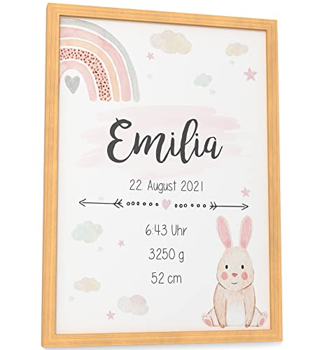 Papierschmiede® Geburtsbild, Name & Geburtsdaten personalisiert, DIN A4 im Rahmen aus Echtholz (Natur), Geburtsposter, Geburtsanzeige, Baby Geschenk Poster Geburt - Verspielt Rosa Mädchen von Papierschmiede