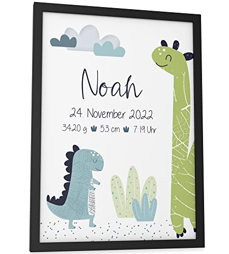 Papierschmiede® Geburtsbild, Name & Geburtsdaten personalisiert, DIN A4 im Rahmen aus Echtholz (schwarz), Geburtsposter, Geburtsanzeige, Baby Geschenk Poster Geburt - Dinos Blau Jungen von Papierschmiede