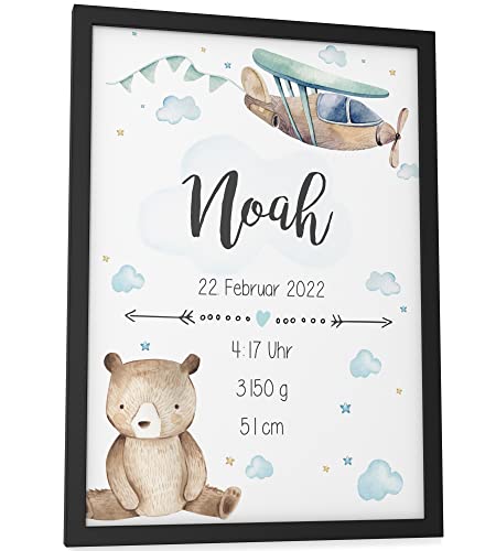 Papierschmiede® Geburtsbild, Name & Geburtsdaten personalisiert, DIN A4 im Rahmen aus Echtholz (schwarz), Geburtsposter, Geburtsanzeige, Baby Geschenk Poster Geburt - Verspielt Blau Jungen von Papierschmiede