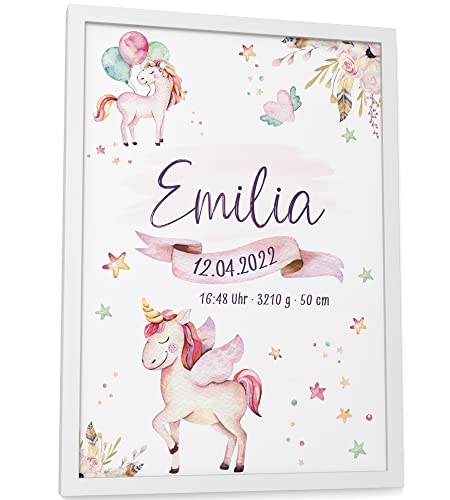 Papierschmiede® Geburtsbild, Name & Geburtsdaten personalisiert, DIN A4 im Rahmen aus Echtholz (weiß), Geburtsposter, Geburtsanzeige, Baby Geschenk Poster Geburt - Einhorn Lila Rosa Mädchen von Papierschmiede