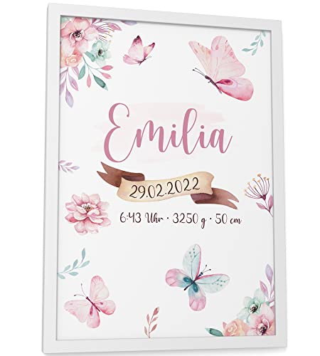 Papierschmiede® Geburtsbild, Name & Geburtsdaten personalisiert, DIN A4 im Rahmen aus Echtholz (weiß), Geburtsposter, Geburtsanzeige, Baby Geschenk Poster Geburt - Schmetterlinge Rosa Mädchen von Papierschmiede