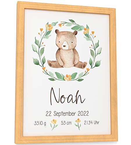 Papierschmiede® Geburtsbild, Name & Geburtsdaten personalisiert, DIN A5 im Rahmen aus Echtholz (Natur), Geburtsposter, Geburtsanzeige, Baby Geschenk Poster Geburt - Teddy Kranz Jungen Mädchen von Papierschmiede