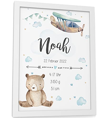 Papierschmiede® Geburtsbild, Name & Geburtsdaten personalisiert, DIN A5 im Rahmen aus Echtholz (weiß), Geburtsposter, Geburtsanzeige, Baby Geschenk Poster Geburt - Verspielt Blau Jungen von Papierschmiede