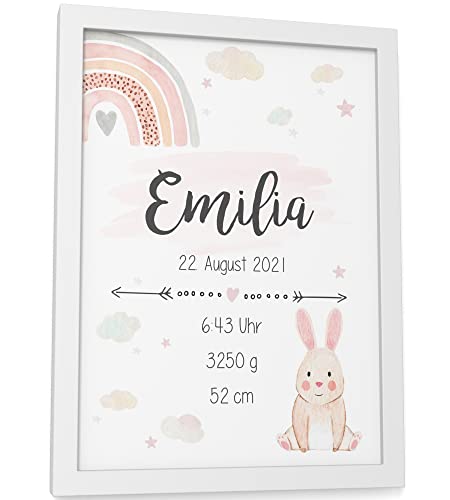 Papierschmiede® Geburtsbild, Name & Geburtsdaten personalisiert, DIN A5 im Rahmen aus Echtholz (weiß), Geburtsposter, Geburtsanzeige, Baby Geschenk Poster Geburt - Verspielt Rosa Mädchen von Papierschmiede