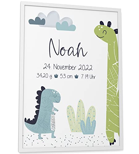 Papierschmiede® Geburtsposter, Name & Geburtsdaten personalisiert, DIN A3 (30x42 cm), Geburtsposter, Geburtsanzeige, Baby Geschenk Bild Geburt - ohne Rahmen - Dinos Blau Jungen von Papierschmiede