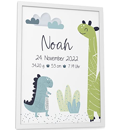 Papierschmiede® Geburtsposter, Name & Geburtsdaten personalisiert, DIN A4 (21x30 cm), Geburtsposter, Geburtsanzeige, Baby Geschenk Bild Geburt - ohne Rahmen - Dinos Blau Jungen von Papierschmiede