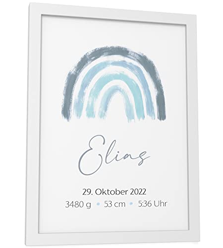 Papierschmiede® Geburtsposter, Name & Geburtsdaten personalisiert, DIN A5 (15x21 cm) Rahmen wählbar, Geburtsposter, Geburtsanzeige, Baby Geschenk Bild Geburt Jungen Mädchen - Regenbogen blau von Papierschmiede