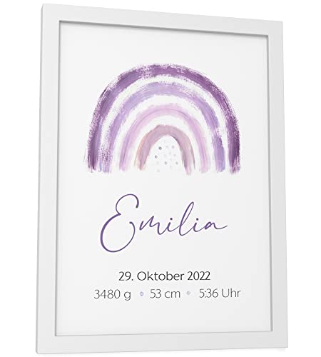 Papierschmiede® Geburtsposter, Name & Geburtsdaten personalisiert, DIN A5 (15x21 cm) Rahmen wählbar, Geburtsposter, Geburtsanzeige, Baby Geschenk Bild Geburt Jungen Mädchen - Regenbogen lila von Papierschmiede