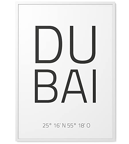 Papierschmiede® Geo Poster Koordinaten Dubai, A4 Gerahmt im Holzrahmen (weiß), Stadt Bild als Wanddeko für Wohnzimmer Schlafzimmer Küche Esszimmer, Vereinigte Arabische Emirate von Papierschmiede