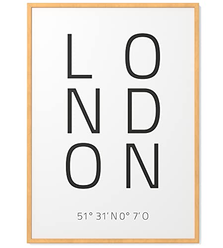 Papierschmiede® Geo Poster Koordinaten London, A3 Gerahmt im Natur-Holzrahmen, Stadt Bild als Wanddeko für Wohnzimmer Schlafzimmer Küche Esszimmer, Hauptstadt England von Papierschmiede