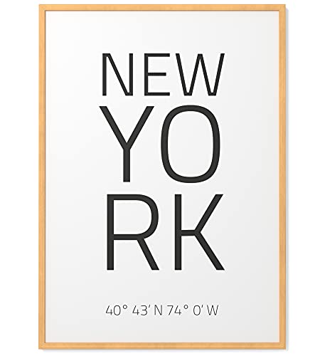 Papierschmiede® Geo Poster Koordinaten New York, A3 Gerahmt im Natur-Holzrahmen, Stadt Bild als Wanddeko für Wohnzimmer Schlafzimmer Küche Esszimmer, USA East Coast von Papierschmiede