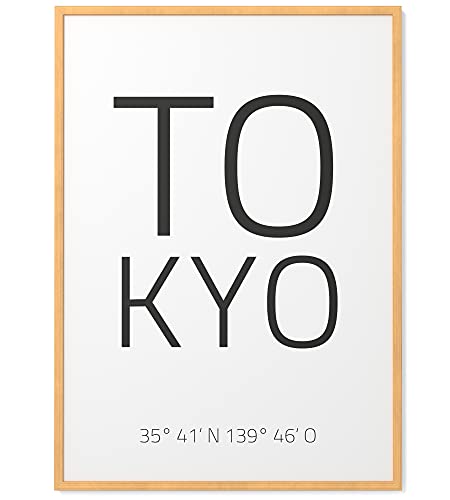 Papierschmiede® Geo Poster Koordinaten Tokyo, A3 Gerahmt im Natur-Holzrahmen, Stadt Bild als Wanddeko für Wohnzimmer Schlafzimmer Küche Esszimmer, Tokio Japan Hauptstadt von Papierschmiede