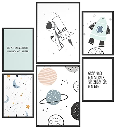 Papierschmiede® Bilder Kinderzimmer Kids Mood Poster Set Astronaut, Gerahmte Bilder fürs Kinderzimmer in schwarzen Holzrahmen, 2x DIN A3 und 4x DIN A4, Planet Rakete Weltraum von Papierschmiede