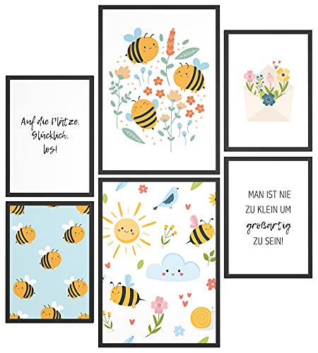 Papierschmiede® Bilder Kinderzimmer Kids Mood Poster Set Bienen, Kinderzimmer Bilder Babyzimmer Deko, 2x DIN A3 und 4x DIN A4, Blumen Bienchen Bunt - Kinderposter ohne Rahmen von Papierschmiede