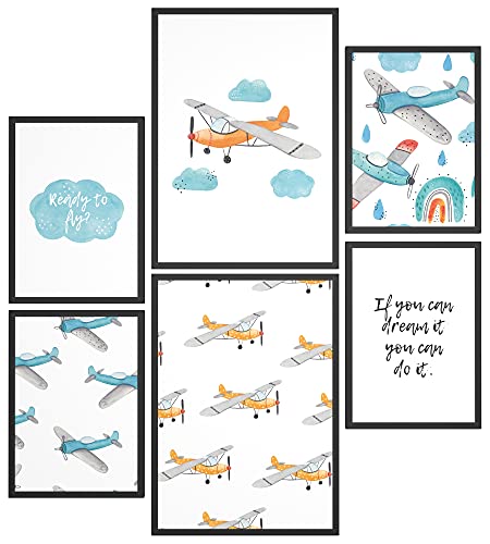 Papierschmiede® Bilder Kinderzimmer Kids Mood Poster Set Flugzeuge, Kinderzimmer Bilder Babyzimmer Deko, 2x DIN A4 und 4x DIN A5, Wolken Fliegen Blau Gelb - Kinderposter ohne Rahmen von Papierschmiede