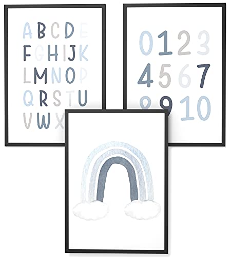 Papierschmiede® Kinderbilder 3er Set Lernposter, A3 gerahmt in Holzrahmen (schwarz), Geschenk für Jungen Kinderzimmer Vorschule| Alphabet Buchstaben, ABC Zahlen Regenbogen blau von Papierschmiede