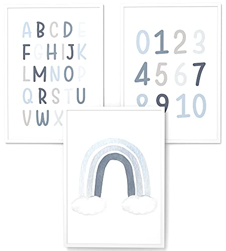 Papierschmiede® Kinderbilder 3er Set Lernposter, A4 gerahmt in Holzrahmen (weiß), Geschenk für Jungen Kinderzimmer Vorschule| Alphabet Buchstaben, ABC Zahlen Regenbogen blau von Papierschmiede