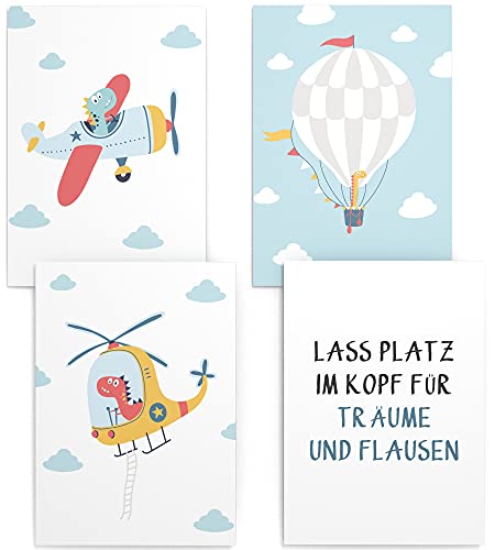 Papierschmiede® Kinderposter 4er Set, DIN A3 (30x42 cm) Wanddeko, Geschenk für Jungen Kinderzimmer Babyzimmer, blau Flugzeug Hubschrauber, Dino Flieger von Papierschmiede