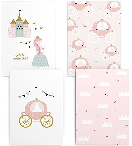 Papierschmiede® Kinderposter 4er Set, DIN A3 (30x42 cm) Wanddeko, Geschenk für Mädchen Kinderzimmer Babyzimmer, rosa Schloss Kutsche Krone, Little Princess von Papierschmiede