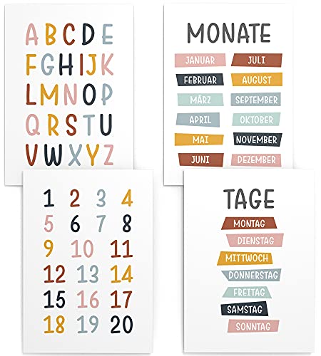 Papierschmiede® Kinderposter 4er Set Lernposter, 40x60 cm Wanddeko, Geschenk für Mädchen & Jungen Kinderzimmer, bunte Buchstaben Zahlen Kalender Wochentage, ABC Tage Monate von Papierschmiede