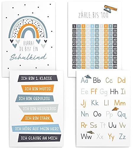 Papierschmiede® Kinderposter 4er Set Lernposter, DIN A2 Wanddeko, Geschenk für Jungen Kinderzimmer, Schulkind Alphabet ABC Zahlen, Einschulung Jungen von Papierschmiede