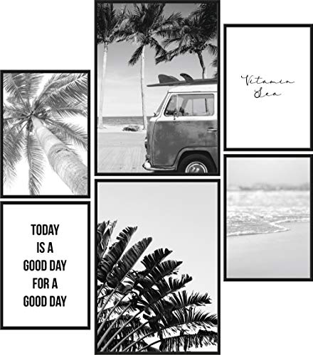 Papierschmiede® Mood Poster Set Beach Schwarz-Weiß, Bilder Wohnzimmer Deko Schlafzimmer, 2x DIN A4 und 4x DIN A5, Strand Palmen Urlaub - ohne Rahmen von Papierschmiede