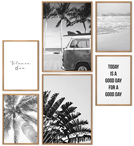Papierschmiede® Mood Poster Set Beach Schwarz-Weiß, Fertiges Bilder Set mit Rahmen (Holz, Natur), Wohnzimmer Deko Schlafzimmer, 2x DIN A3 und 4x DIN A4, Strand Palmen Urlaub von Papierschmiede