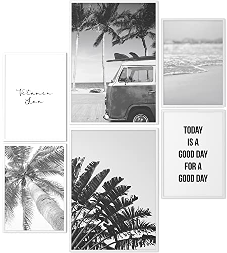 Papierschmiede® Mood Poster Set Beach Schwarz-Weiß, Fertiges Bilder Set mit Rahmen (Holz, weiß), Wohnzimmer Deko Schlafzimmer, 2x DIN A4 und 4x DIN A5, Strand Palmen Urlaub von Papierschmiede