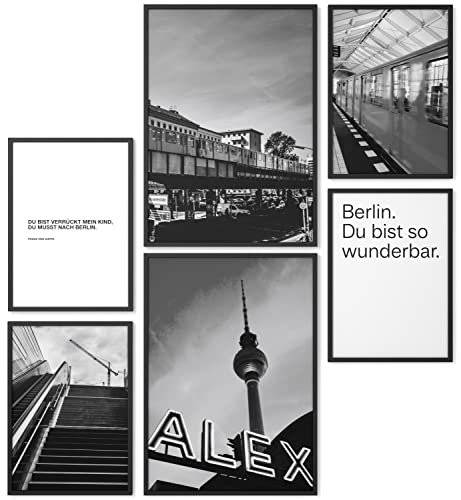 Papierschmiede® Mood Poster Set Berlin Schwarz-Weiß, Bilder Wohnzimmer Deko Schlafzimmer, 2x DIN A3 und 4x DIN A4, U-Bahn BVG Fernsehturm - Wandposter ohne Rahmen von Papierschmiede