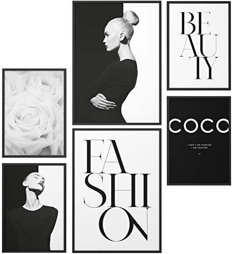 Papierschmiede® Mood Poster Set Coco Black Beauty, Gerahmte Bilder (Rahmen: Material und Farbe wählbar), Wohnzimmer Deko Wandbilder Schlafzimmer, 2x A4 und 4x A5, Schwarz Weiß Design Rose Fashion von Papierschmiede