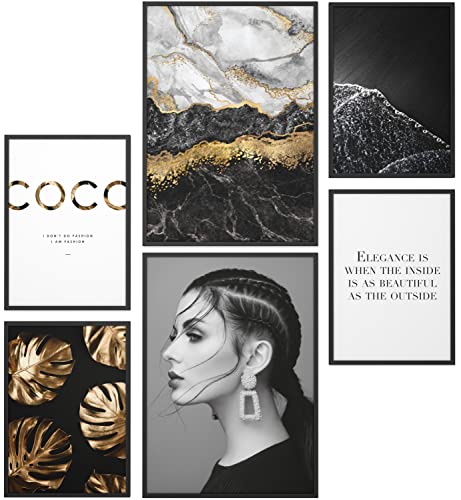 Papierschmiede® XL Mood Poster Set Coco Black & Gold, Bilder Wohnzimmer Deko Schlafzimmer, 2x DIN A2 (ca. 59x42) und 4x DIN A3 (ca. 30x42), Marmor Schwarz Eleganz - ohne Rahmen von Papierschmiede