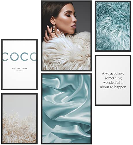 Papierschmiede® Mood Poster Set Coco Blue Furry, Bilder als Wanddeko, Wohnzimmer & Schlafzimmer, 2x DIN A4 und 4x DIN A5, Blau Fell Seide Frau - ohne Rahmen von Papierschmiede