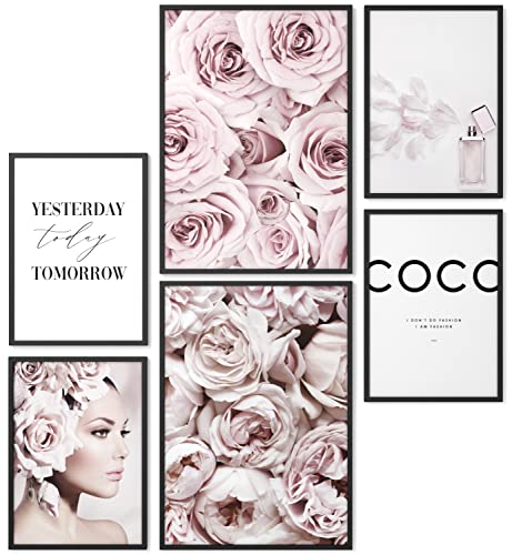 Papierschmiede® Mood Poster Set Coco Flowers, Fertiges Bilder Set mit Rahmen (Holz, schwarz), Wohnzimmer Deko Schlafzimmer, 2x DIN A4 und 4x DIN A5, Glamour Lifestyle Blumen rosa von Papierschmiede