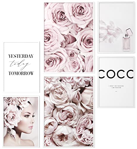 Papierschmiede® Mood Poster Set Coco Flowers, Fertiges Bilder Set mit Rahmen (Holz, weiß), Wohnzimmer Deko Schlafzimmer, 2x DIN A4 und 4x DIN A5, Glamour Lifestyle Blumen rosa von Papierschmiede