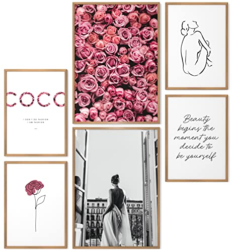 Papierschmiede® Mood Poster Set Coco Rose Love, Fertiges Bilder Set mit Rahmen (Holz, Natur), Wohnzimmer Deko Schlafzimmer, 2x DIN A3 und 4x DIN A4, Blumen Blüten Rosa von Papierschmiede