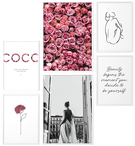 Papierschmiede® Mood Poster Set Coco Rose Love, Fertiges Bilder Set mit Rahmen (Holz, weiß), Wohnzimmer Deko Schlafzimmer, 2x DIN A3 und 4x DIN A4, Blumen Blüten Rosa von Papierschmiede