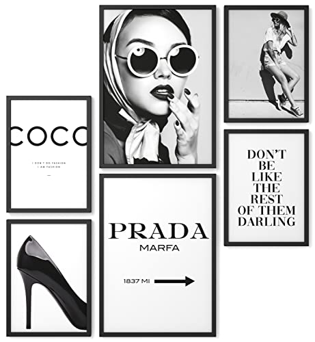 Papierschmiede® Mood Poster Set Coco Schwarz-Weiß, Bilder Wohnzimmer Deko Schlafzimmer, 2x DIN A4 und 4x DIN A5, Glamour Lifestyle Mode - ohne Rahmen von Papierschmiede