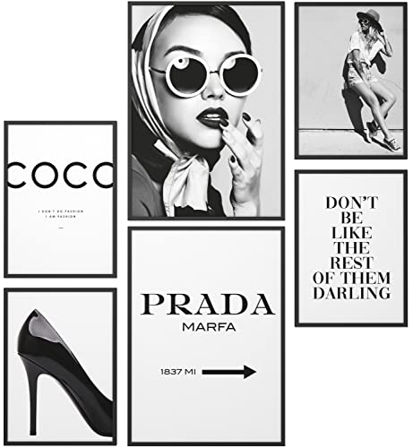 Papierschmiede® Mood Poster Set Coco Schwarz-Weiß, Gerahmte Bilder (Rahmen: Material und Farbe wählbar), Wohnzimmer Deko Wandbilder Schlafzimmer, 2x A3 und 4x A4, Schwarz Weiß Silhouette Fashion Mode von Papierschmiede