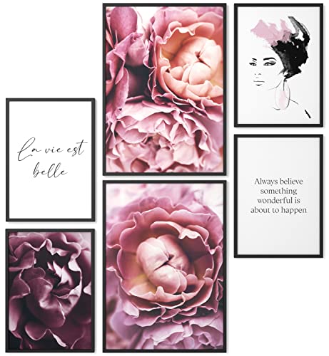 Papierschmiede® Mood Poster Set Coco Violet, Bilder Wohnzimmer Deko Schlafzimmer, 2x 30x40cm und 4x 20x30cm, Rosa Lila Blüten Pfingstrosen Fashion - Wandposter ohne Rahmen von Papierschmiede