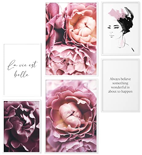 Papierschmiede® Mood Poster Set Coco Violet, Fertiges Bilder Set mit Rahmen (Holz, weiß), Wohnzimmer Deko Schlafzimmer, 2x DIN A3 und 4x DIN A4, Rosa Lila Blüten Pfingstrosen Fashion von Papierschmiede