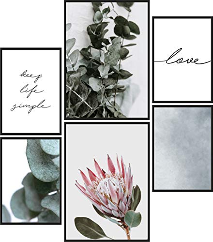 Papierschmiede® Mood Poster Set Eukalyptus dark, Fertiges Bilder Set mit Rahmen (Holz, schwarz), Wohnzimmer Deko Schlafzimmer, 2x DIN A4 und 4x DIN A5, Pflanze Grün Blätter Blüte von Papierschmiede