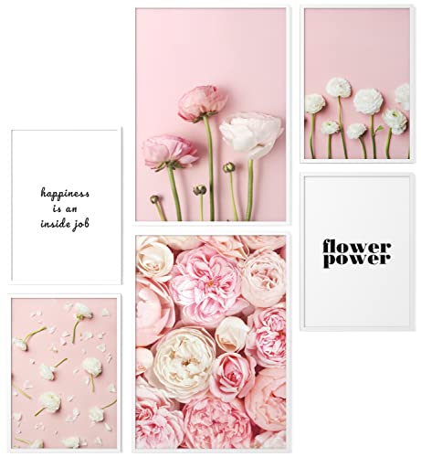 Papierschmiede® Mood Poster Set Flower Power, Fertiges Bilder Set mit Rahmen (Holz, weiß), Wohnzimmer Deko Schlafzimmer, 2x DIN A3 und 4x DIN A4, Blumen Pfingstrosen Rosa von Papierschmiede