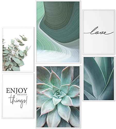 Papierschmiede® Mood Poster Set Green Love, Fertiges Bilder Set mit Rahmen (Holz, weiß), Wohnzimmer Deko Schlafzimmer, 2x DIN A3 und 4x DIN A4, Eukalyptus Agave Aloe Vera Grün von Papierschmiede