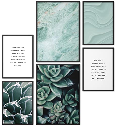 Papierschmiede® Mood Poster Set Green Resistance, Fertiges Bilder Set mit Rahmen (Holz, schwarz), Wohnzimmer Deko Schlafzimmer, 2x DIN A3 und 4x DIN A4, Marmor Kaktus Kunst Grün von Papierschmiede