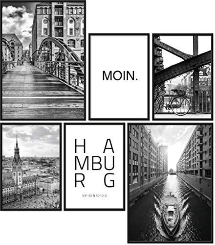 Papierschmiede® Mood Poster Set Hamburg, Bilder Wohnzimmer Deko Schlafzimmer, 2x DIN A3 und 4x DIN A4, Hafen Hauptstadt des Nordens schwarz-weiß - ohne Rahmen von Papierschmiede