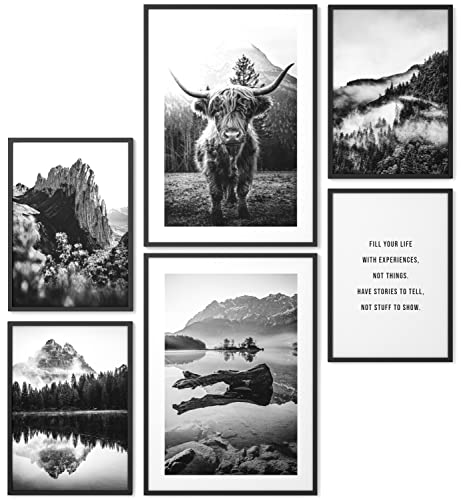 Papierschmiede® Mood Poster Set Highland Schwarz-Weiß, Bilder Wohnzimmer Deko Schlafzimmer, 2x 30x40 cm und 4x 20x30 cm, Büffel Natur Wald Berge - Wandposter ohne Rahmen von Papierschmiede